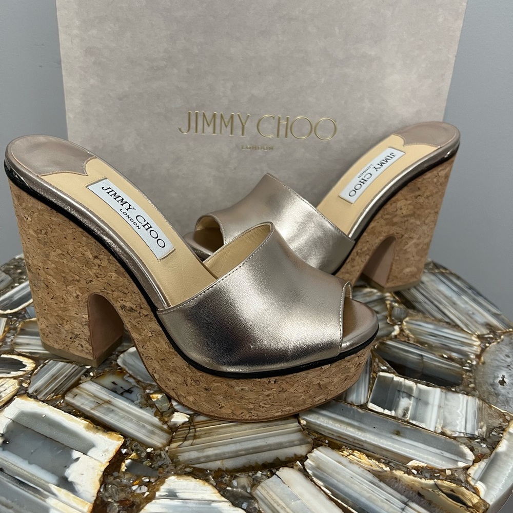 JIMMY CHOO Deedee 125 Platinum Metallic Cappa Platform Sandals